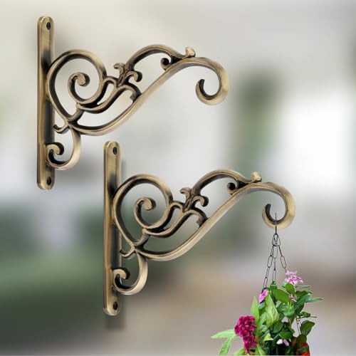 GHAR DWAR Metal Wall Hook Hanging Plant Bracket Decorative Straight Plant Hanger for Pots, Bird Feeders, Planters, Lanterns, Macrame, Wind Chimes Indoor Outdoor (Pack of 2, Brass Antique) - Image 1