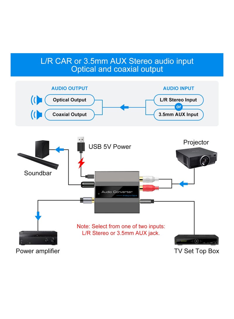 محول صوت تناظري إلى رقمي مع RCA R/L إلى بصري، يتضمن مقبس AUX مقاس 3.5 مم إلى Toslink رقمي ومحول صوت محوري لاستخدام مكبر الصوت. - Image 2