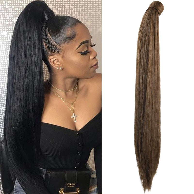 SEIKEA 28 Inch Clip in Ponytail Extension Wrap Around Long Straight Pony Tail Hair Synthetic Hairpiece for Women Color Medium Brown with Medium Auburn