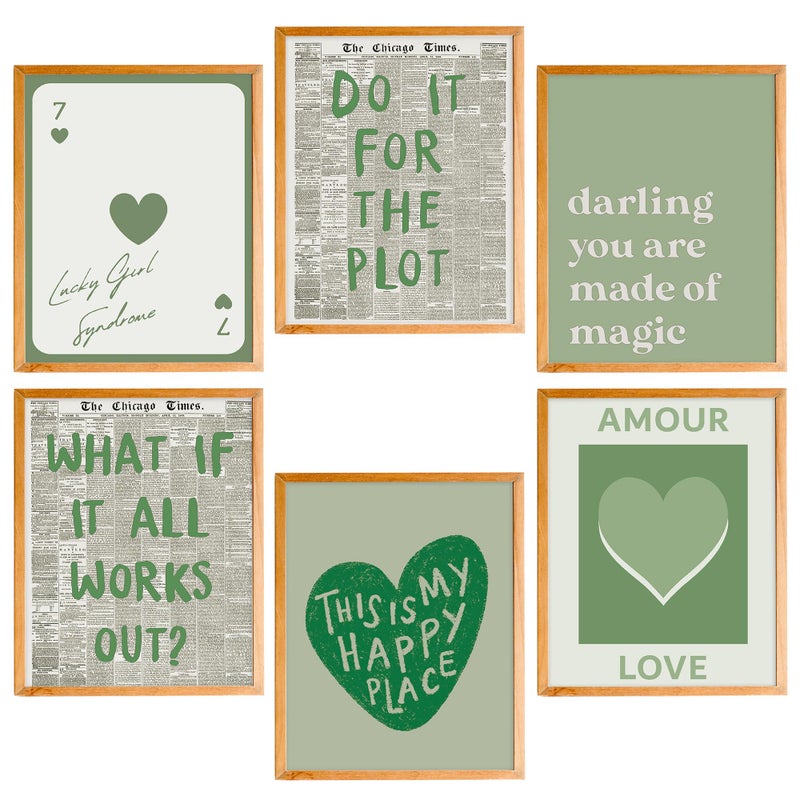 BearCake Trendy Retro green Preppy Wall Art Set of 6 UNFRAMED, Preppy Room Decor Aesthetic, Pink Room Decor, Inspirational Funky Wall Decor Poster Prints for Teen Girl Room College Dorm, 8x10 Inches - Image 1