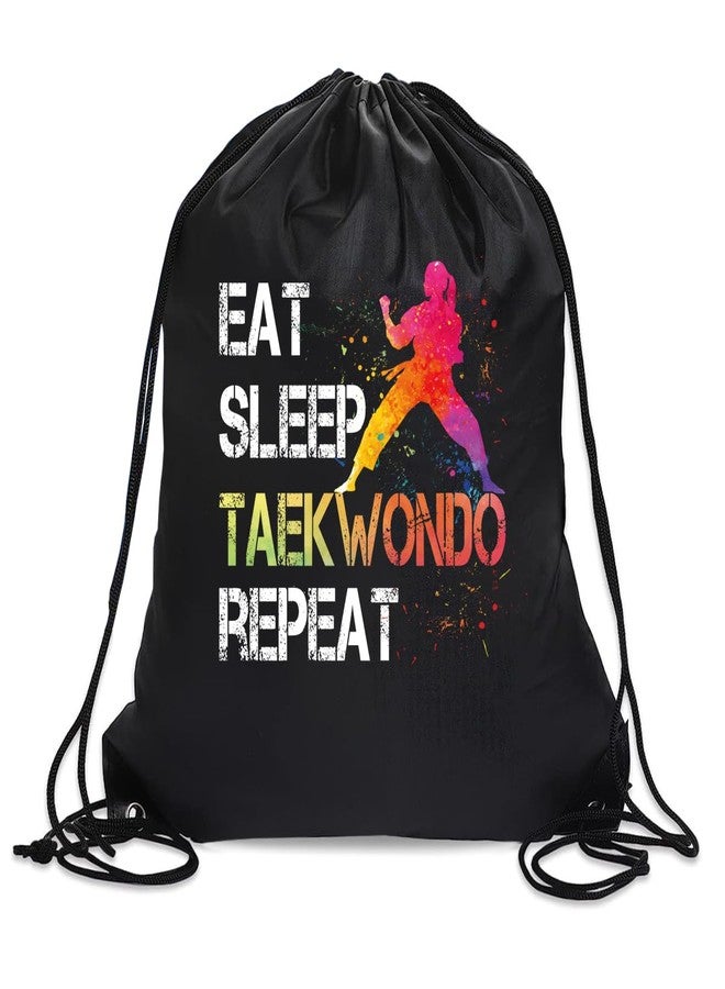 rofiowa Eat Sleep Taekwondo Repeat Drawstring Backpack For Men Women, Waterproof Sport Sackpack For Taekwondo Lover Taekwondo Fan, Funny Birthday Christmas String Gym Bag Gifts For Her Him - Image 1