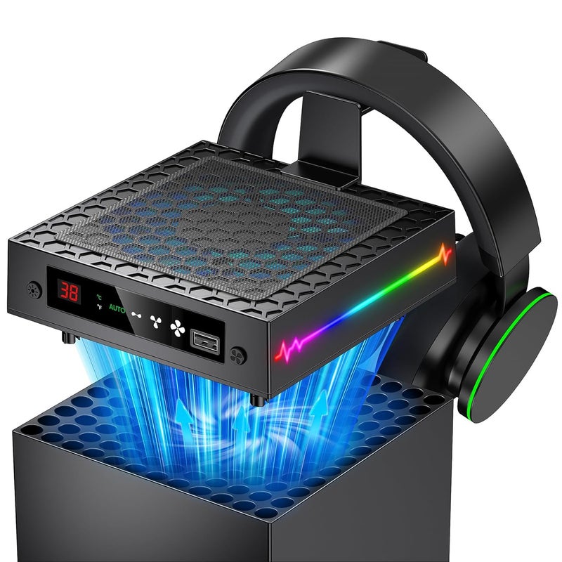 KOVA [LED Display] - Auto Cooling Fan for Xbox Series X with 9 RGB Light Modes, Cooling System Adjustable by Temperature with 4 Gears for Xbox Series X Console, Cooler & Light Switch, Headset Hook,USB Port - Image 1