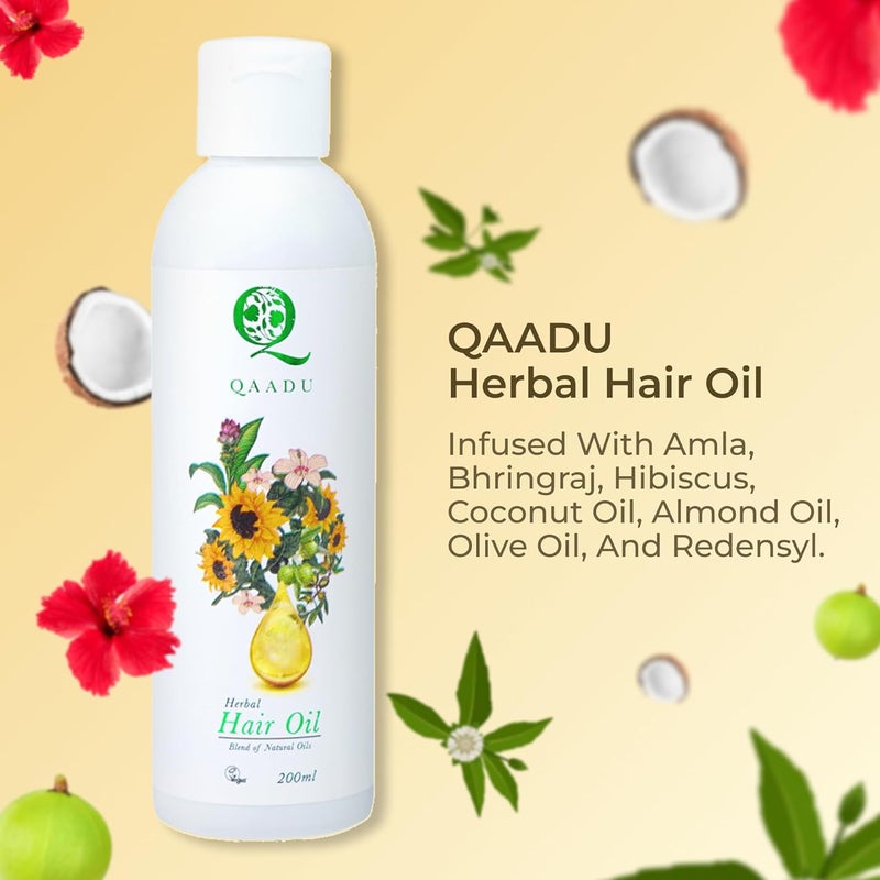 QAADU Herbal Hair Oil Ayurvedic Formula with Amla Bhringraj Hibiscus Coconut Oils Enriched with Redensyl for Hair Fall Control Stronger Thicker Hair Healthy Scalp NonGreasy For Men Women 200ml - Image 2