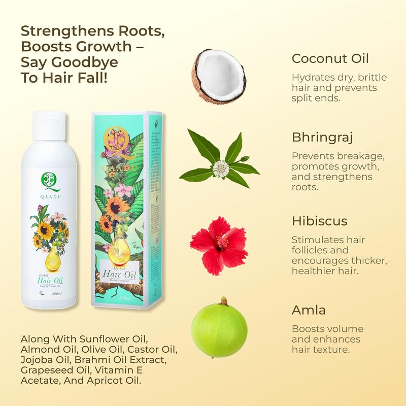QAADU Herbal Hair Oil Ayurvedic Formula with Amla Bhringraj Hibiscus Coconut Oils Enriched with Redensyl for Hair Fall Control Stronger Thicker Hair Healthy Scalp NonGreasy For Men Women 200ml - Image 3