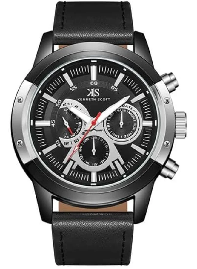 كينيث سكوت Kenneth Scott Men's Epson VX9J Movement Watch, Analog Display and Leather Strap - K24121-BLBB, Black