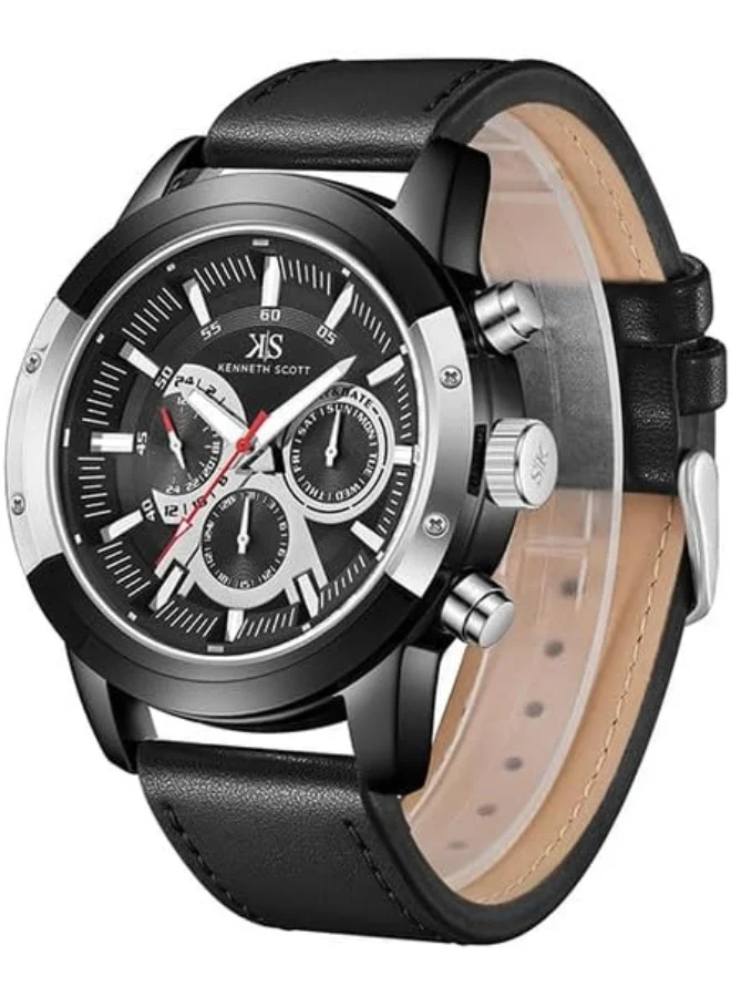 كينيث سكوت Kenneth Scott Men's Epson VX9J Movement Watch, Analog Display and Leather Strap - K24121-BLBB, Black
