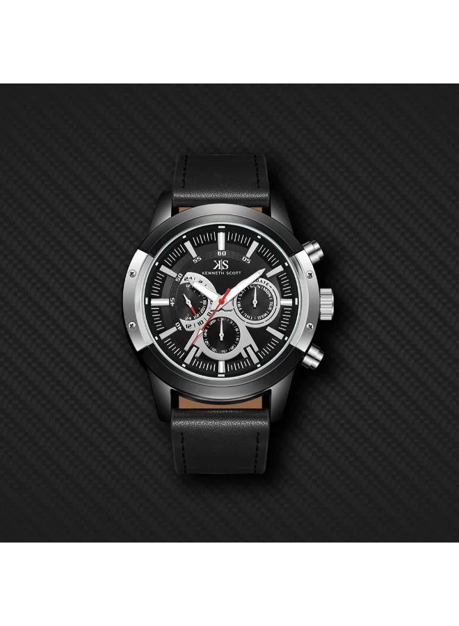 Kenneth Scott Black Kenneth Scott Men's Epson VX9J Movement Watch, Analog Display and Leather Strap - K24121-BLBB, Black for Men | Best Price UAE