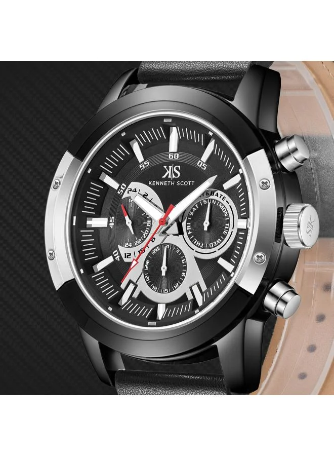 Kenneth Scott Black Kenneth Scott Men's Epson VX9J Movement Watch, Analog Display and Leather Strap - K24121-BLBB, Black for Men | Best Price UAE