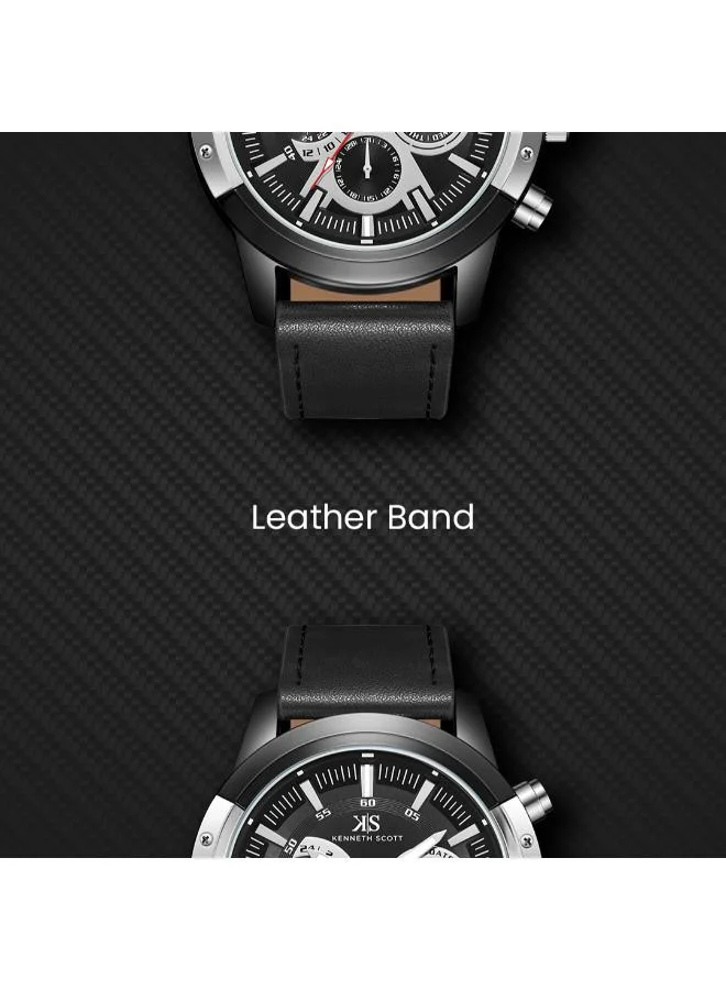 Kenneth Scott Black Kenneth Scott Men's Epson VX9J Movement Watch, Analog Display and Leather Strap - K24121-BLBB, Black for Men | Best Price UAE