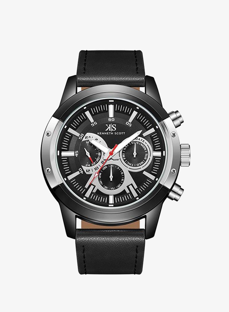 Kenneth Scott Men's Epson VX9J Movement Watch, Analog Display and Leather Strap - K24121-BLBB, Black - Image 1