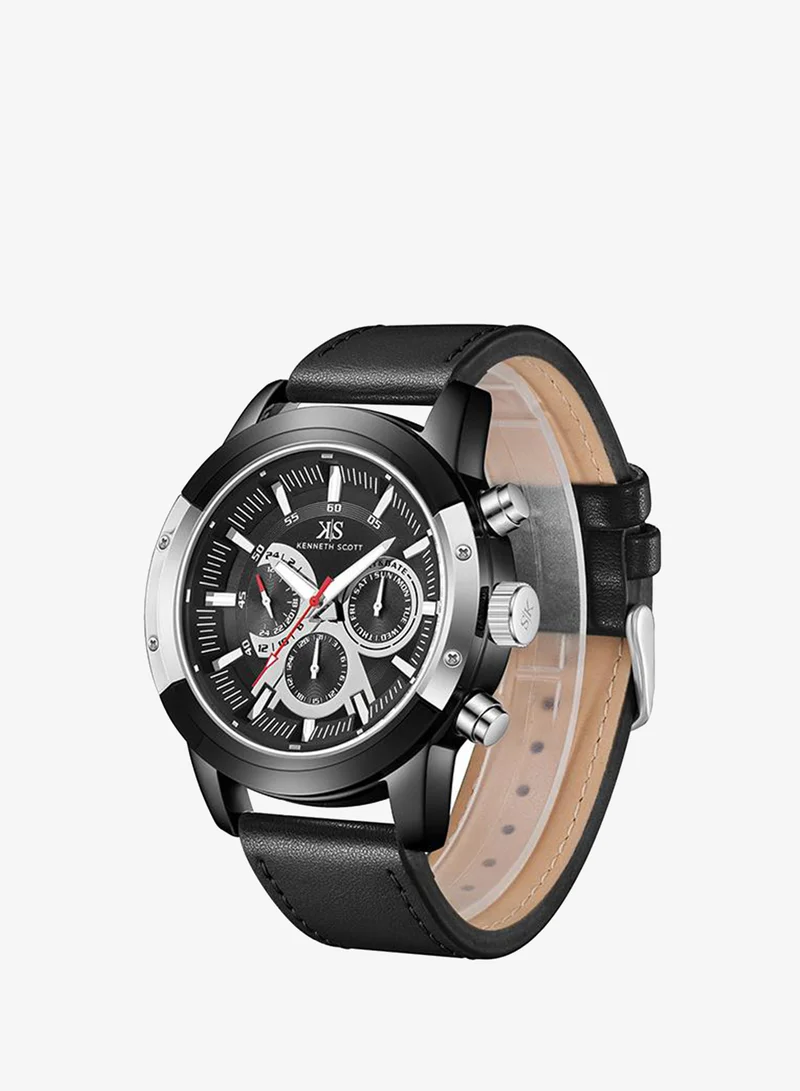 Kenneth Scott Black Kenneth Scott Men's Epson VX9J Movement Watch, Analog Display and Leather Strap - K24121-BLBB, Black for Men | Best Price UAE