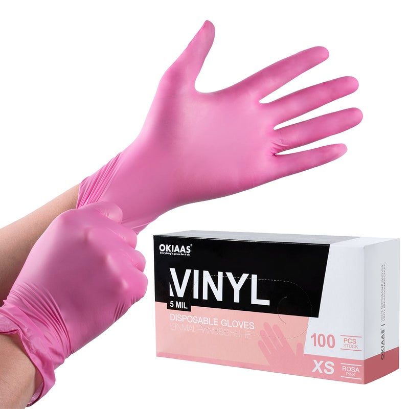 OKIAAS Black/Pink Vinyl Gloves Disposable Latex Free, Food Safe, Powder Free, 5 Mil Thickened for Cooking, Cleaning, Food Prep, Baking, Hair Dye, Tattoo, Large, 50 Count - Image 1