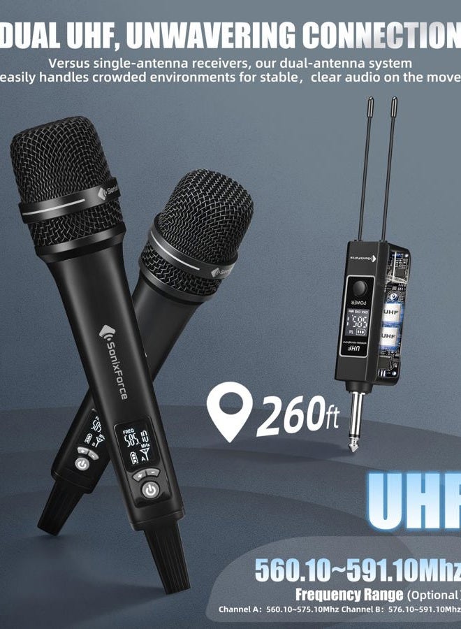 SonixForce Wireless Microphones, Professional Karaoke Microphone, Dual-Mic UHF System with 260ft Range, All-Metal Portable Microphone for Singing, Speaking, Meetings and Events - Image 5