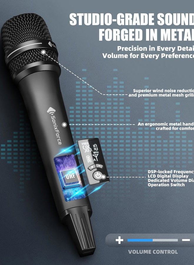 SonixForce Wireless Microphones, Professional Karaoke Microphone, Dual-Mic UHF System with 260ft Range, All-Metal Portable Microphone for Singing, Speaking, Meetings and Events - Image 4