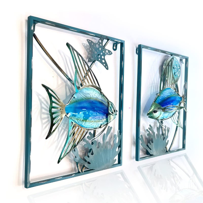 LIFFY Metal Fish Wall Decor with Frame-Outdoor Wall Art, Wall Decor with LED Fairy Lights, Fish Glass Art Wall Sculpture for Patio,Beach,Garden,Yard,Pool,home gift(2pcs, Blue) - Image 1