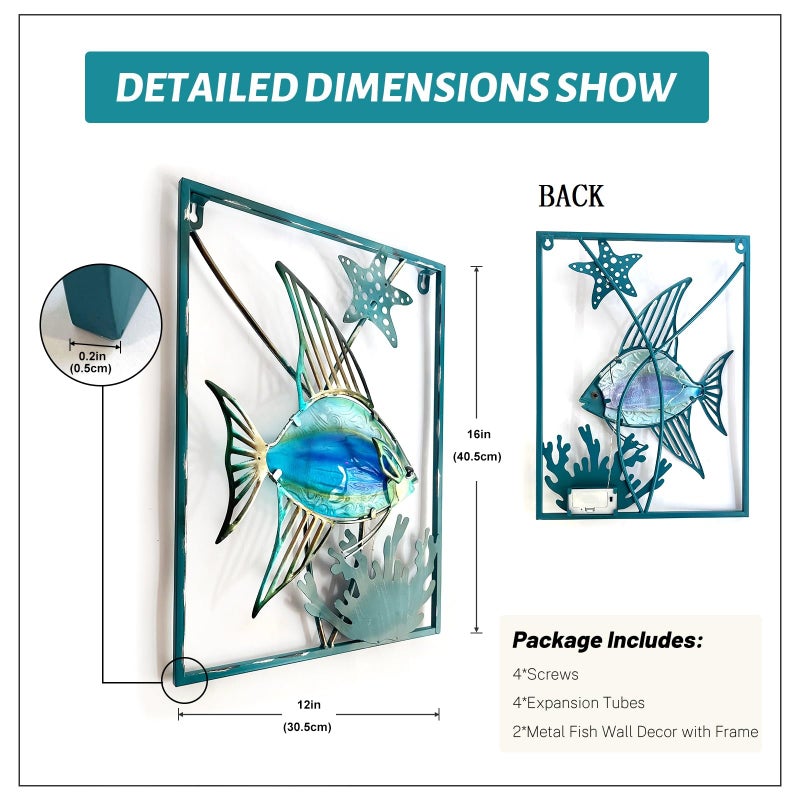 LIFFY Metal Fish Wall Decor with Frame-Outdoor Wall Art, Wall Decor with LED Fairy Lights, Fish Glass Art Wall Sculpture for Patio,Beach,Garden,Yard,Pool,home gift(2pcs, Blue) - Image 2