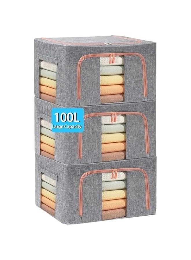 TRASSLE 3 Pack Large Capacity Clothes Storage Bags,Stackable Storage Organizer with Foldable Metal Frame, Zipper, Handles, Clear Window, Large Storage Bins for Comforters, Blankets  - Image 1