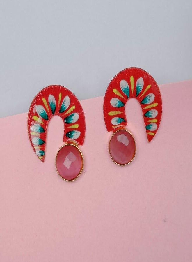 FHF Handcrafted Stone-Studded Designer Earrings | Elegant Traditional Stone Earrings For Women And Girls | Unique Hand-Painted Jewelry (PinkAnd Red) - Image 2