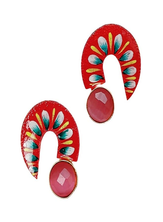 FHF Handcrafted Stone-Studded Designer Earrings | Elegant Traditional Stone Earrings For Women And Girls | Unique Hand-Painted Jewelry (PinkAnd Red) - Image 1