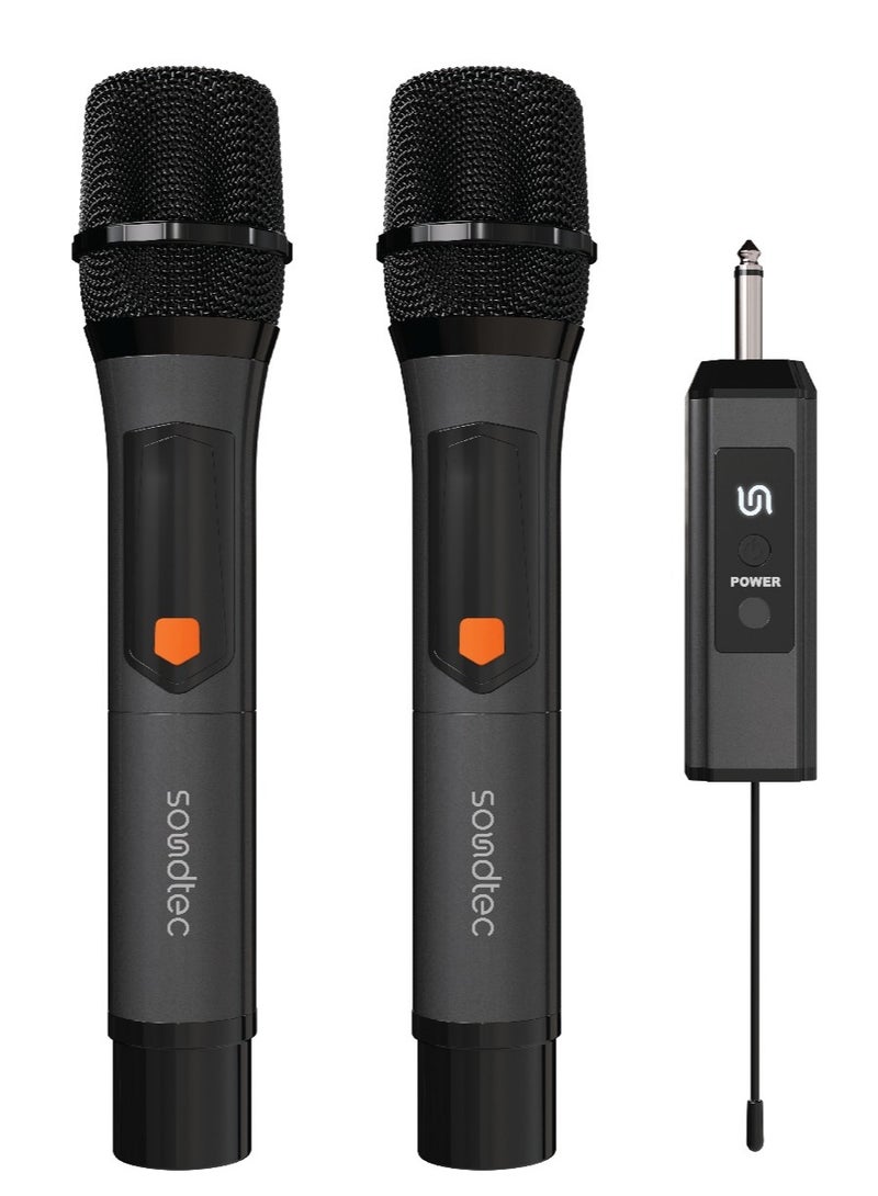Porodo Soundtec Duo Mic Aluminum Rechargeable Wireless Microphone / High-Quality Sound / Digital Display / Ultra High Frequency / Plug & Play / Works with Karaoke Machines and Audio Systems - Black  - Image 1