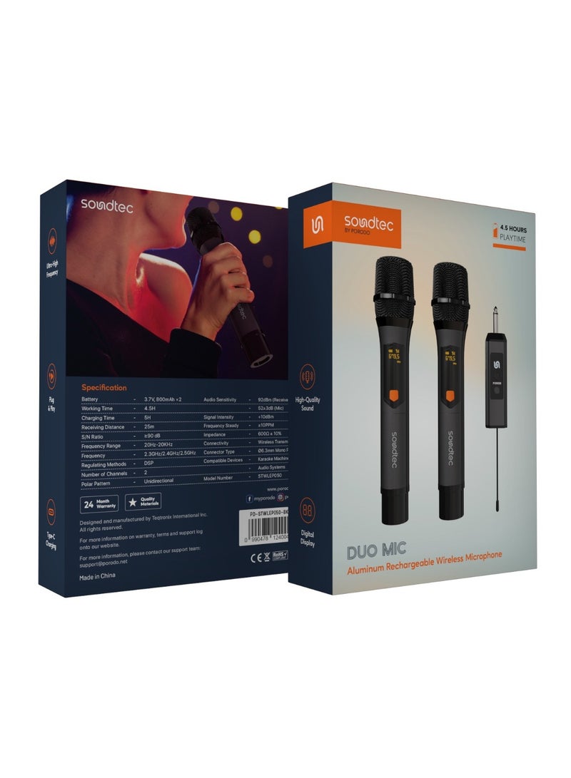 Porodo Soundtec Duo Mic Aluminum Rechargeable Wireless Microphone / High-Quality Sound / Digital Display / Ultra High Frequency / Plug & Play / Works with Karaoke Machines and Audio Systems - Black  - Image 5