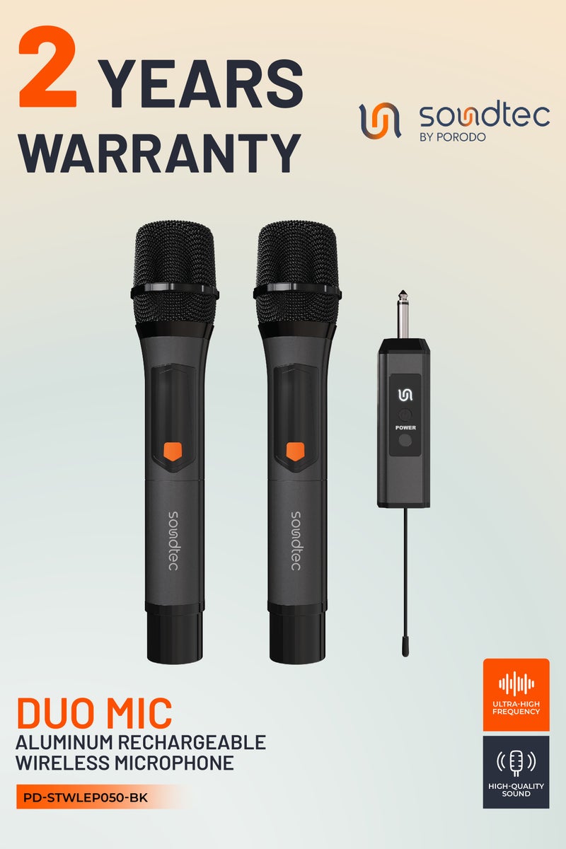 Porodo Soundtec Duo Mic Aluminum Rechargeable Wireless Microphone / High-Quality Sound / Digital Display / Ultra High Frequency / Plug & Play / Works with Karaoke Machines and Audio Systems - Black - Image 1