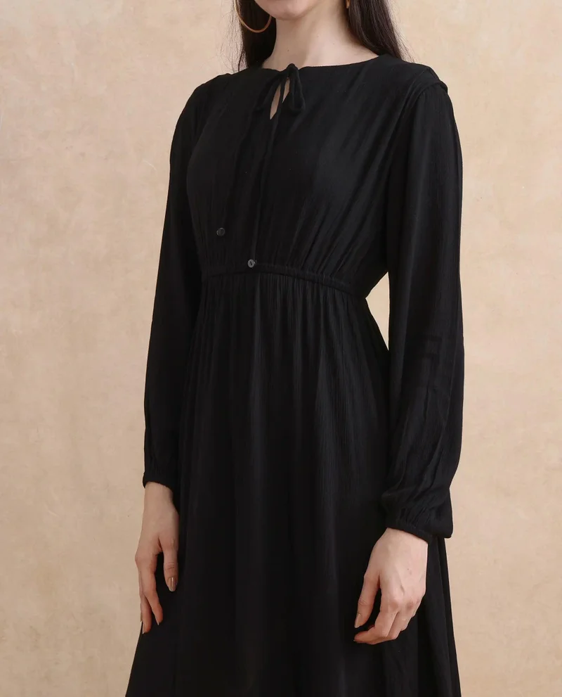 Rareism Women's Plain A-Line Midi Dress With Tie-Up Neck
