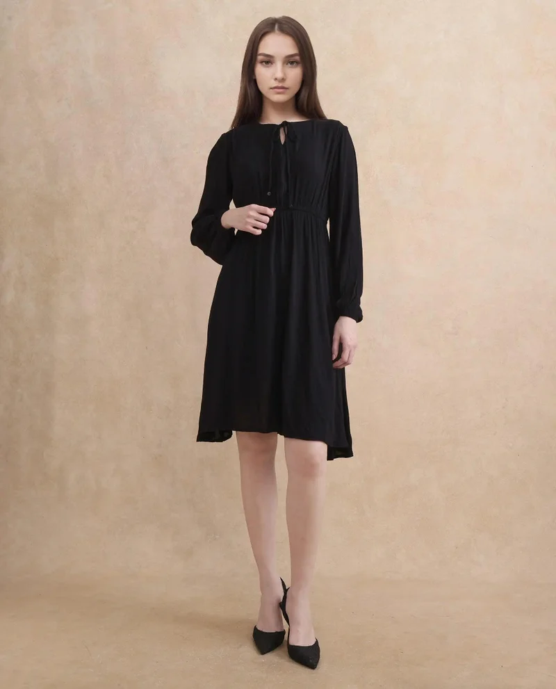 Rareism Women's Plain A-Line Midi Dress With Tie-Up Neck