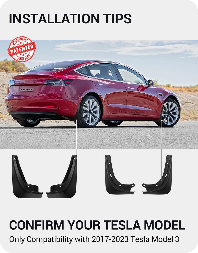 Basenor BASENOR 2017-2023 Tesla Model 3 Mud Flaps Splash Guards Fenders No Drilling No Tape Mudflaps All Weather Protector Mudguards for Model 3 Exterior Accessories (Set of 4)  - Image 2