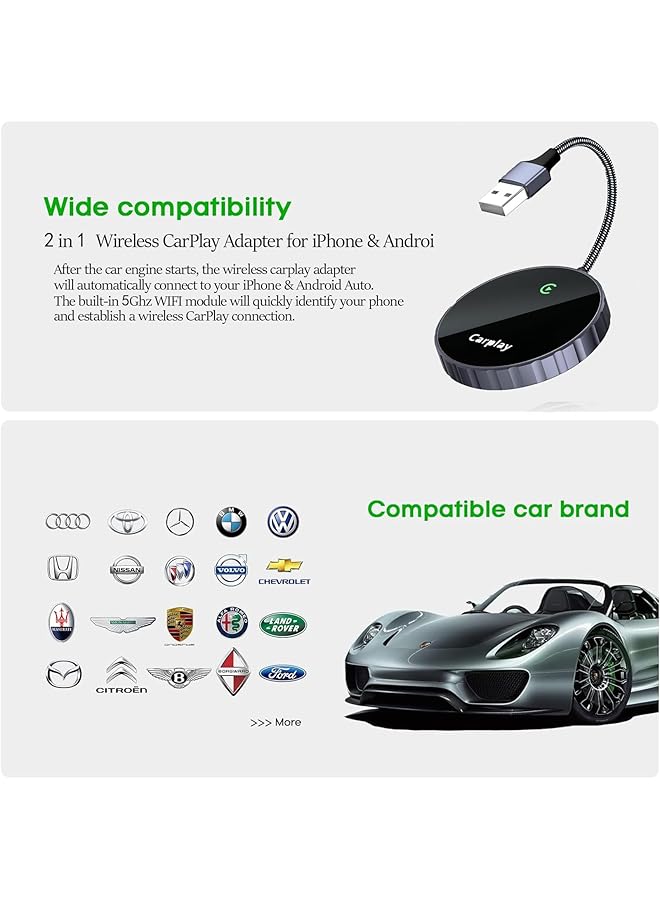 لينجي محول لينجي 2 في 1 لاسلكي كار بلاي لأجهزة آيفون وأندرويد أوتو، دونجل يحول كار بلاي السلكي الأصلي إلى لاسلكي، وصل وشغّل كار بلاي، اتصال واي فاي تلقائي بتردد 5.8 جيجاهرتز، تحديث عبر الإنترنت - Image 5