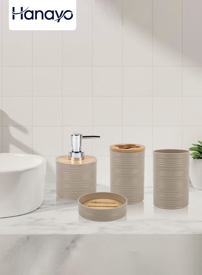 Hanayo مجموعة ملحقات الحمام 4 قطع مجموعة ملحقات الحمام مثبتة مع حامل فرشاة الأسنان موزع لوشن صابون صحن صابون كوب فرشاة الأسنان (كاكي) - Image 1
