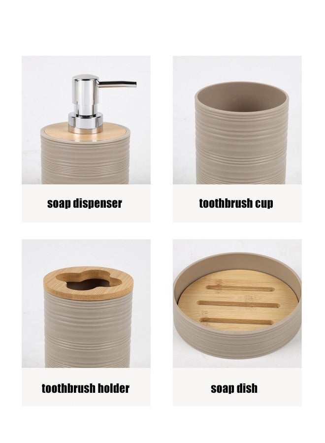 Hanayo مجموعة ملحقات الحمام 4 قطع مجموعة ملحقات الحمام مثبتة مع حامل فرشاة الأسنان موزع لوشن صابون صحن صابون كوب فرشاة الأسنان (كاكي) - Image 5
