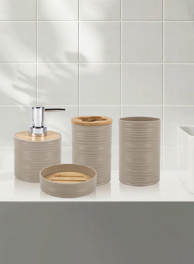 Hanayo مجموعة ملحقات الحمام 4 قطع مجموعة ملحقات الحمام مثبتة مع حامل فرشاة الأسنان موزع لوشن صابون صحن صابون كوب فرشاة الأسنان (كاكي) - Image 2