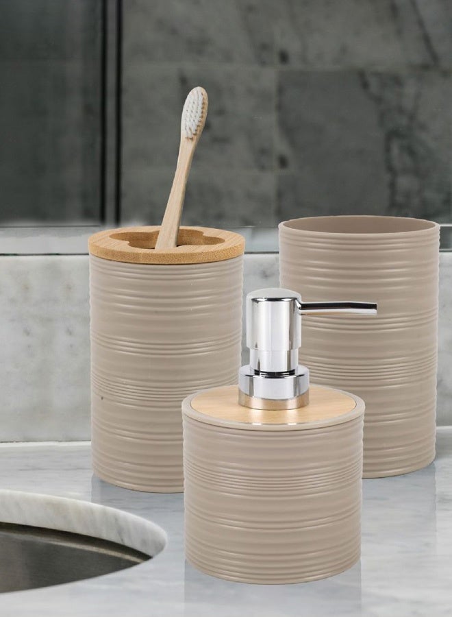 Hanayo مجموعة ملحقات الحمام 4 قطع مجموعة ملحقات الحمام مثبتة مع حامل فرشاة الأسنان موزع لوشن صابون صحن صابون كوب فرشاة الأسنان (كاكي) - Image 3