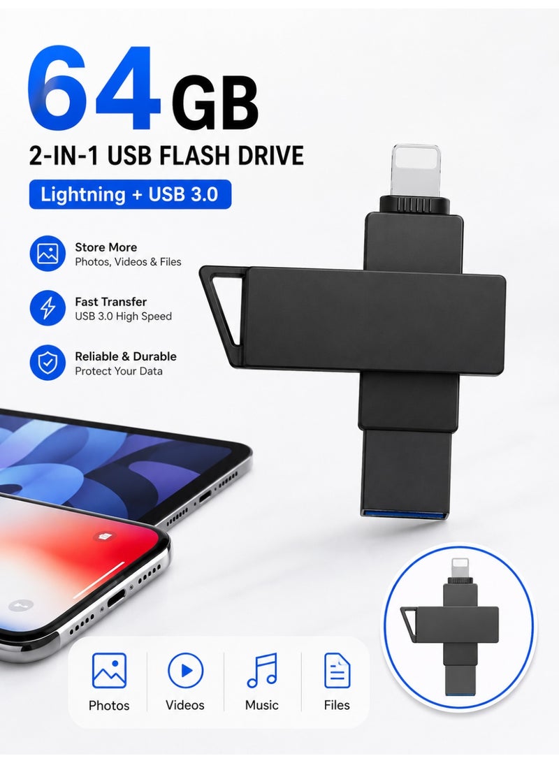 روكيو ذاكرة فلاش USB سعة 64 جيجابايت لأجهزة iPhone وiPad، مزودة بموصل مزدوج (Lightning وUSB 3.0 OTG)، وحدة تخزين خارجية عالية السرعة لنسخ الصور ومقاطع الفيديو احتياطياً، متوافقة مع أنظمة iOS وMac وWindows، لون أسود. - Image 1