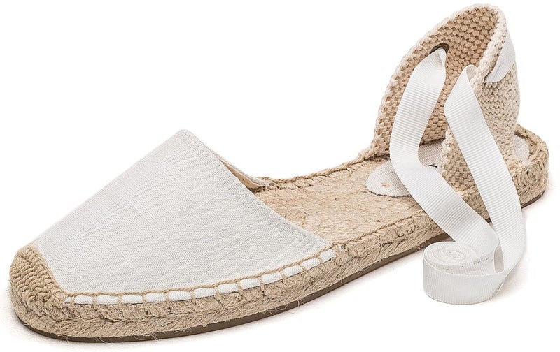 Ulite Womens Espadrille Flat Sandals Closed Toe Ankle WrapClassic Lace Up Summer Dressy Flat Shoes White 7