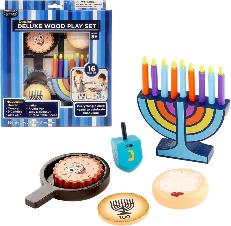 Rite Lite My Mini Wood Menorah Deluxe Set with Removable Wood Candles with Jelly Doughnut, Dreidel, Pan, Latke, Gelt Coin Decor Hanukkah Gifts Decorations Centerpiece Jewish Holiday Party Favors - Image 1