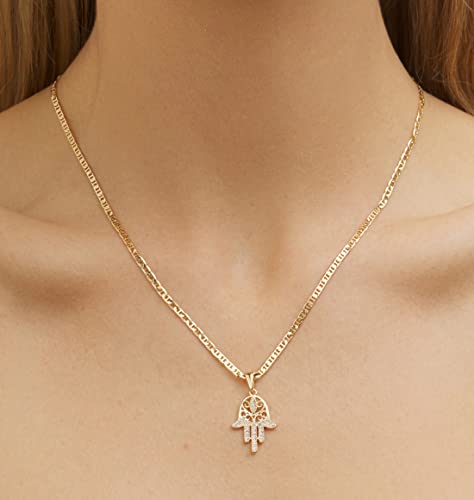 Barzel Hamsa Necklace for Women & Men 18K Gold Plated Flat Mariner/Marina 060 3MM Chain Necklace With Cubic Zirconia Hamsa Hand Pendant (Hamsa, 18) - Image 2
