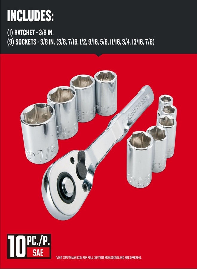 CRAFTSMAN Mechanics Tool Set with 72-tooth Low Profile Ratchet, SAE, 3/8 Inch Drive, 10 Piece (CMMT34563) - Image 4