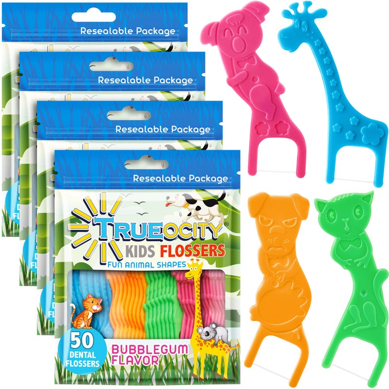 Kids Flossers 4 Pack 200 Total Kids Floss Picks Flossers Kids Floss for Kids Cute Animal Shapes Glides Easy Between Teeth Flosser Helps Prevent Tooth Decay Gum Disease Bubble Gum Flavored