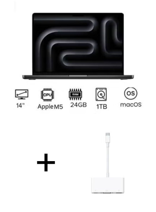 Apple MacBook Pro MDE34 Laptop with 14 Inch Full HD / M5 chip with 10-core CPU, 10-core GPU / 24 Gigabyte / 1 Terabyte SSD / Integrated Graphics Card / English/Arabic Keyboard with Apple USB-C VGA Multiport Adapter English/Arabic Space Black - Image 1