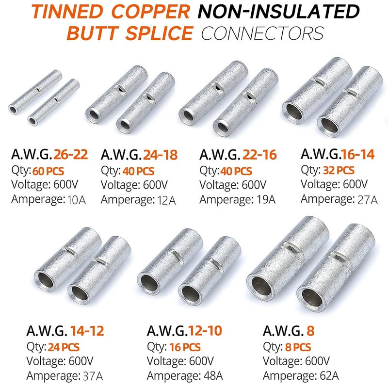 SVAAR 200pcs Non-Insulated Butt Connectors Kit Butt Splice Wire Connectors Electrical Crimp Terminal 6 Gauge,8 Gauge,12-10,14-12,16-14,22-16 AWG Uninsulated Electrical Wire Crimp Ferrule Terminals - Image 2