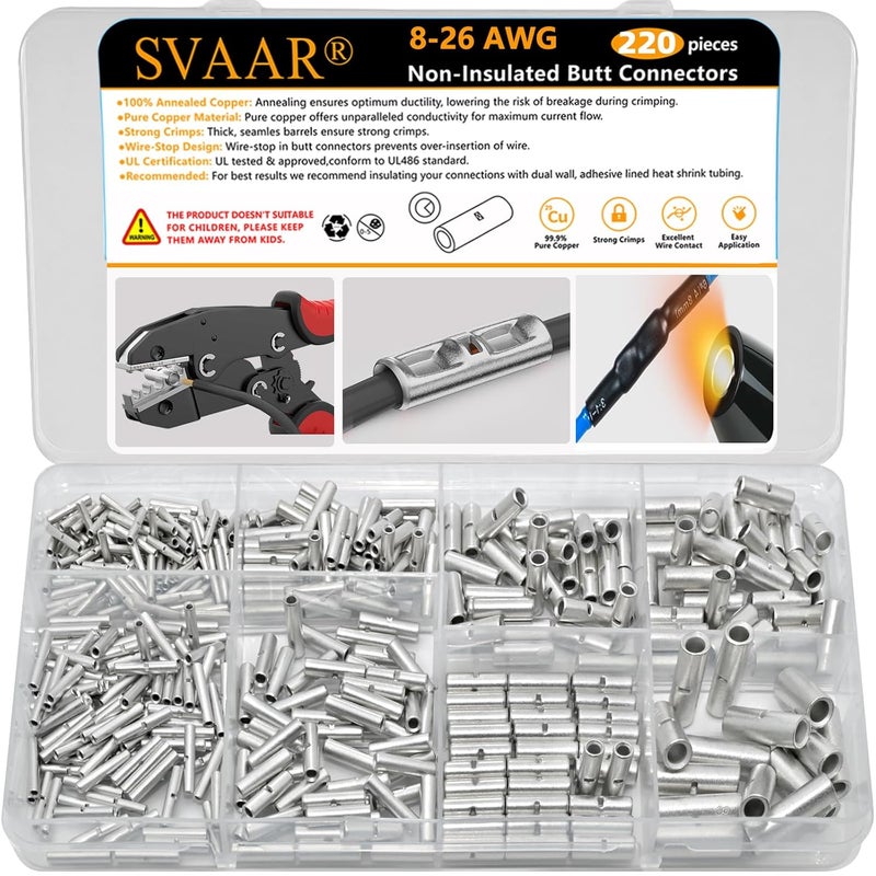 SVAAR 200pcs Non-Insulated Butt Connectors Kit Butt Splice Wire Connectors Electrical Crimp Terminal 6 Gauge,8 Gauge,12-10,14-12,16-14,22-16 AWG Uninsulated Electrical Wire Crimp Ferrule Terminals - Image 1