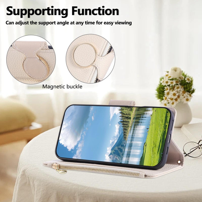 إيروريكس جراب هاتف جلدي بسحاب دائري لهاتف Samsung Galaxy A56 5G مع حزام كتف (أبيض) - Image 5