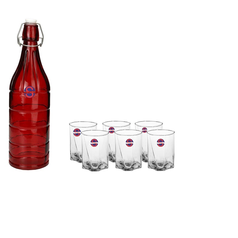 Somil Glass and Bottle Water Other Hot Cold Beverage Serving Set for Home Bar Restaurant 6 Glasses 1 Lt Bottle Red Transparent - Image 1