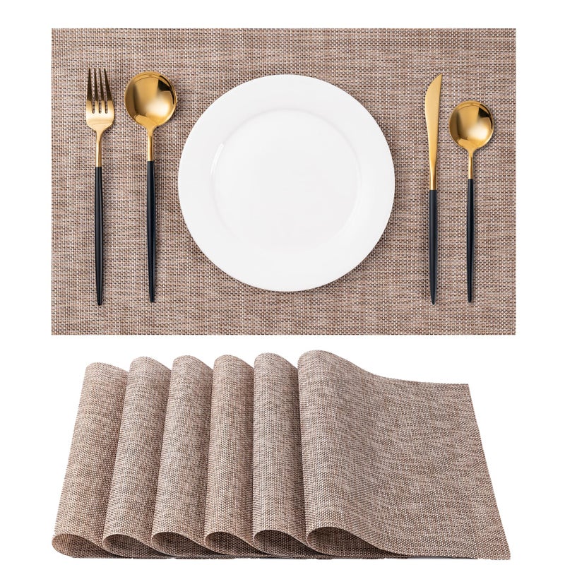 CADONO Placemats Set of 6 Washable Indoor/Outdoor Vinyl Place Mats for Dining Table Durable Non-Slip Heat Resistant PVC Weave Table Matsï¼ˆKhakiï¼‰ - Image 1