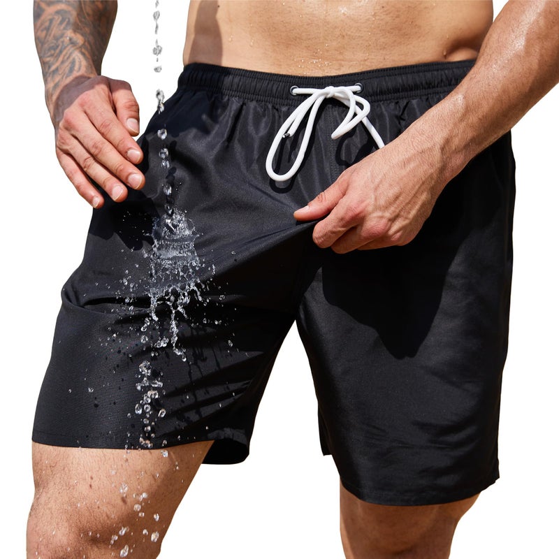 Scotamalone Mens Swim Trunks Swimming Shorts Swimwear Bathing Suits Quick Dry 7 Inch with Mesh Lining Black - Image 1