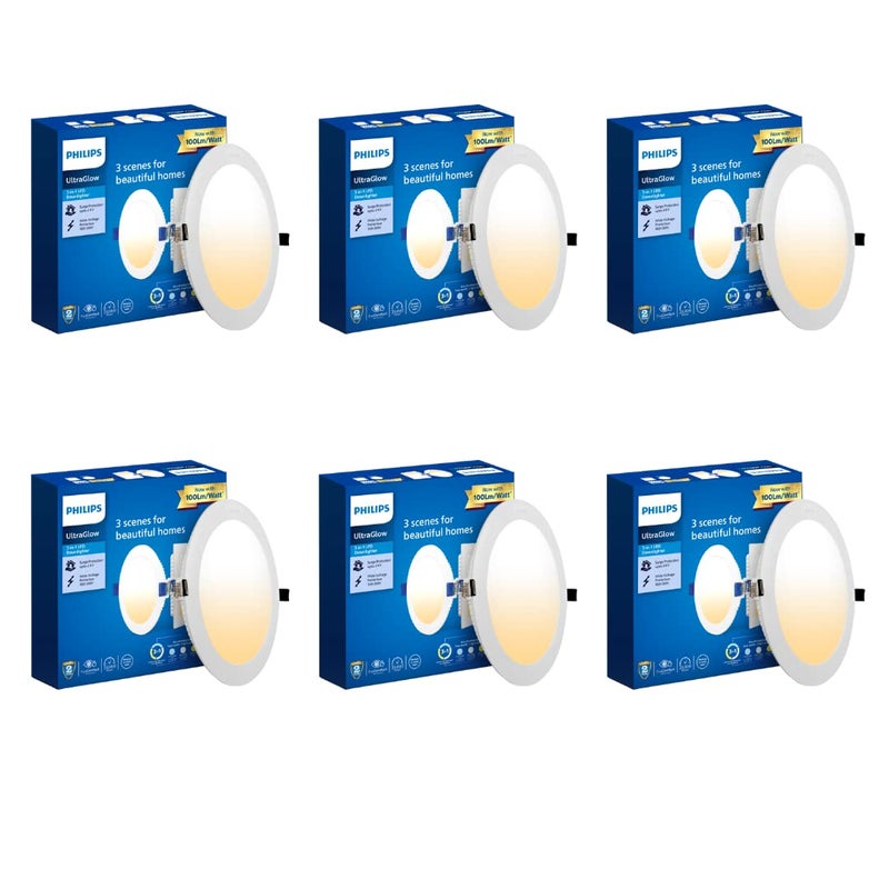 Philips Ultra Glow 15-watt Round LED Downlighter | 3 Colors in 1 Recessed LED Downlight | LED Ceiling Light for Home and Hall | Cut Out: 6 inch, Color: Tunable White, Pack of 6 - Image 1
