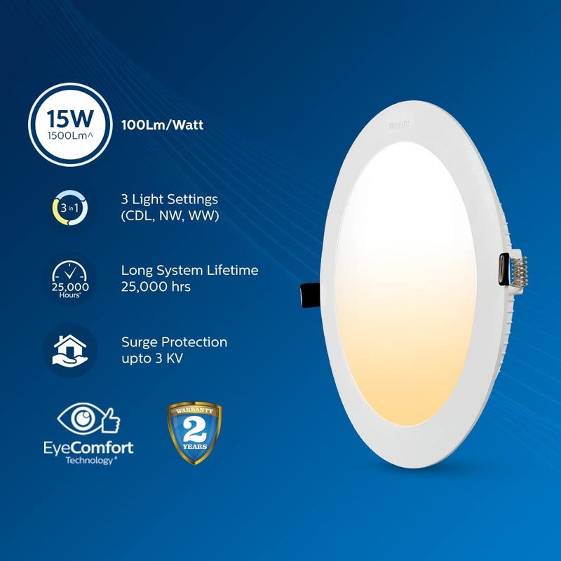 Philips Ultra Glow 15-watt Round LED Downlighter | 3 Colors in 1 Recessed LED Downlight | LED Ceiling Light for Home and Hall | Cut Out: 6 inch, Color: Tunable White, Pack of 6 - Image 3