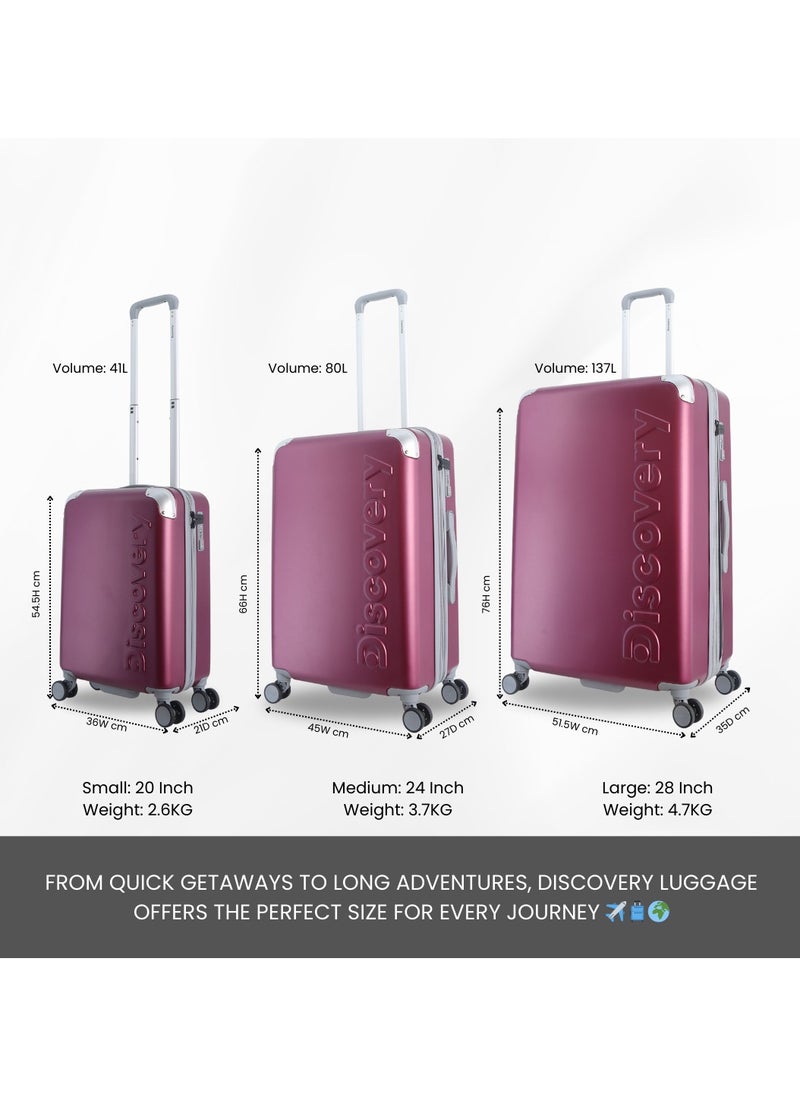 Discovery Focus ABS Hardside Travel Luggage Set, Durable Lightweight 4 Double Wheel Bag, Extra Secure Combination Lock Suitcase 3 Pcs, Expandable Trolley Small,Medium,Large(20+24+28 Inch) Purple - pzsku/Z8FECDF512C876E237108Z/45/_/1740392669/075cd95b-4227-461e-8370-7f23652c36a0